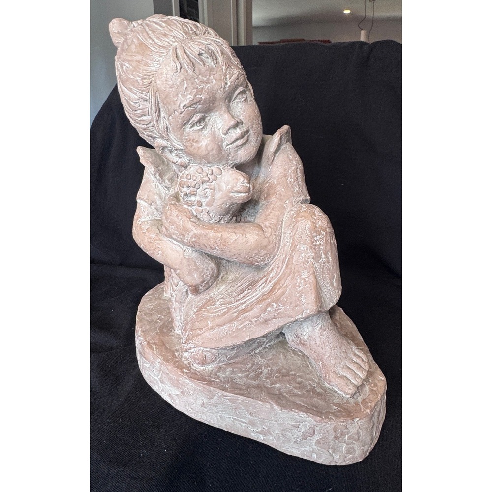 Vintage 1975 Austin Productions Girl with Lamb Sculpture Terracotta Finish 11in